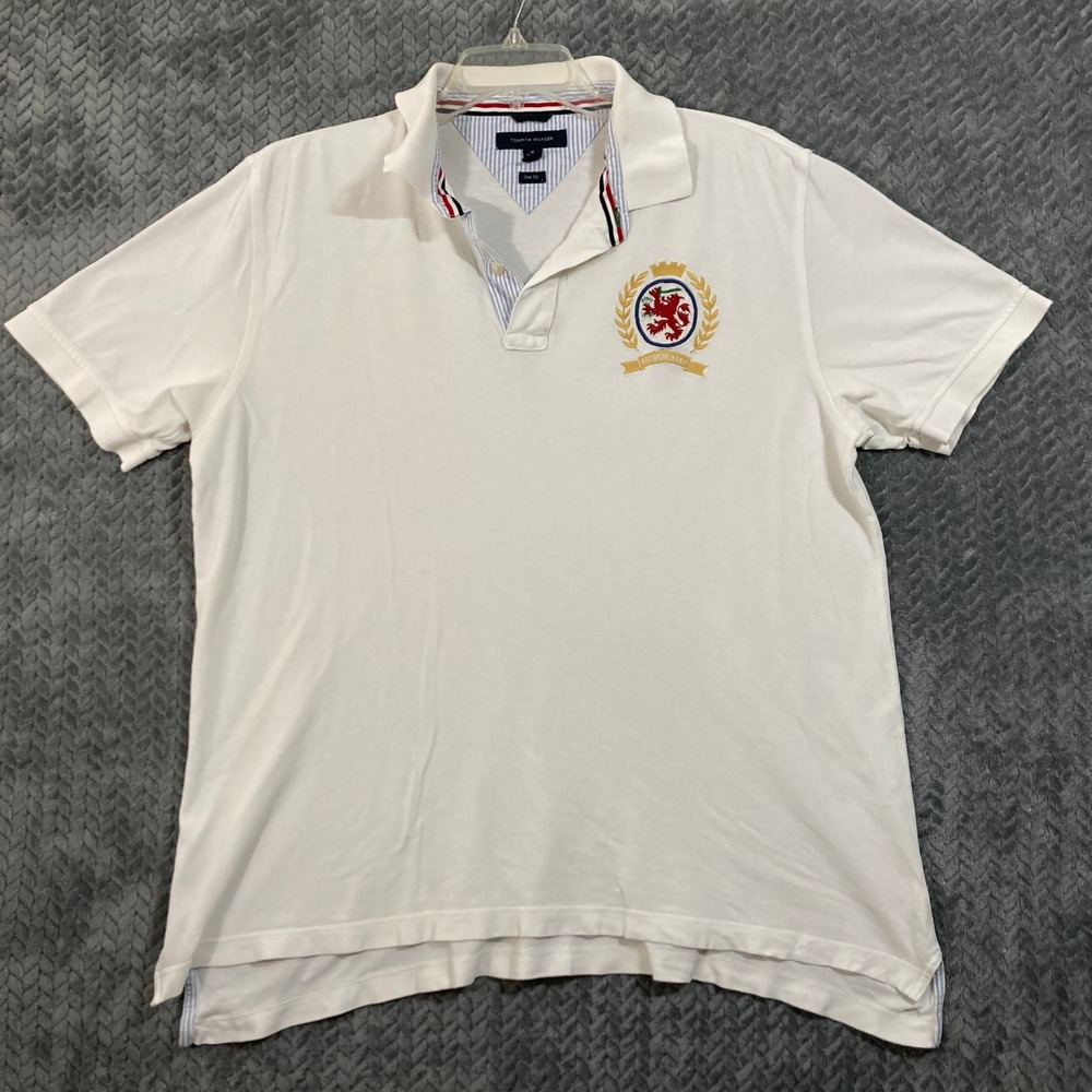 Tommy Hilfiger Polo Mens XL Trim Fit White Embroidered Crest Lion Logo Vintage